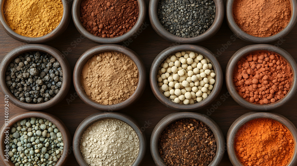 Assorted spices in bowls arranged on wood. Assorted spices in bowls arranged on wood.