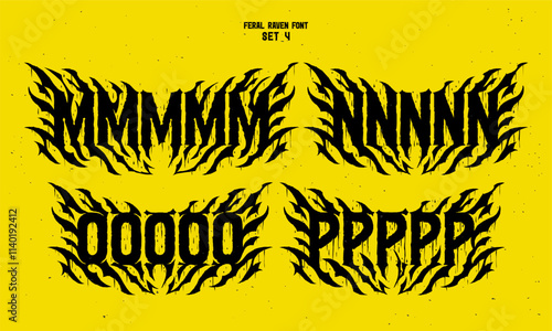 Vector alphabet with sharp and noisy shape in style of hard rock music fan art. Set of five variations for each letter.