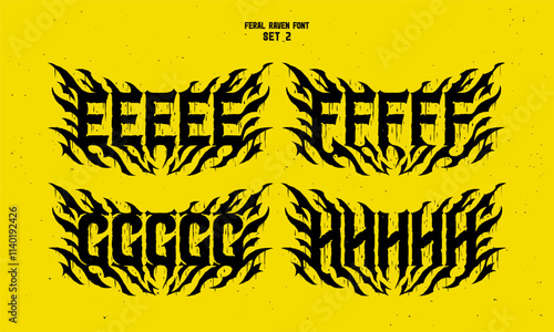 Vector alphabet with sharp and noisy shape in style of hard rock music fan art. Set of five variations for each letter.