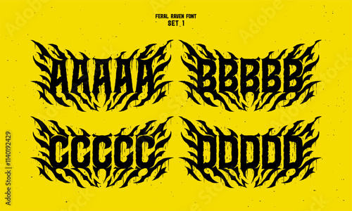 Vector alphabet with sharp and noisy shape in style of hard rock music fan art. Set of five variations for each letter.