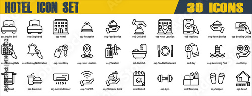 Hotel icon set. Containing Food Service,Room Service,Booking Online,Booking Date,Booking Notification,Hotel Key,Food & Restaurant,Swimming Pool,Towel,Breakfast,Free Wifi,Welcome Drink. Outline