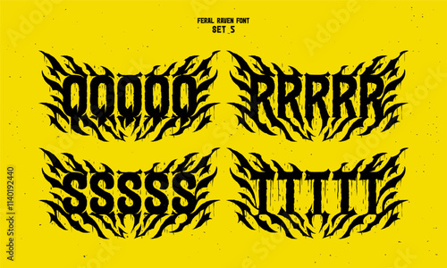 Vector alphabet with sharp and noisy shape in style of hard rock music fan art. Set of five variations for each letter.