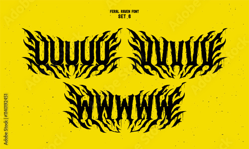 Vector alphabet with sharp and noisy shape in style of hard rock music fan art. Set of five variations for each letter.