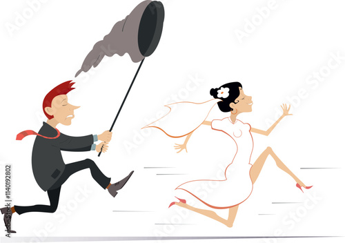Chasing love. The runaway bride.
Upset man tries to catch a running away bride with butterfly net. Isolated on white background
