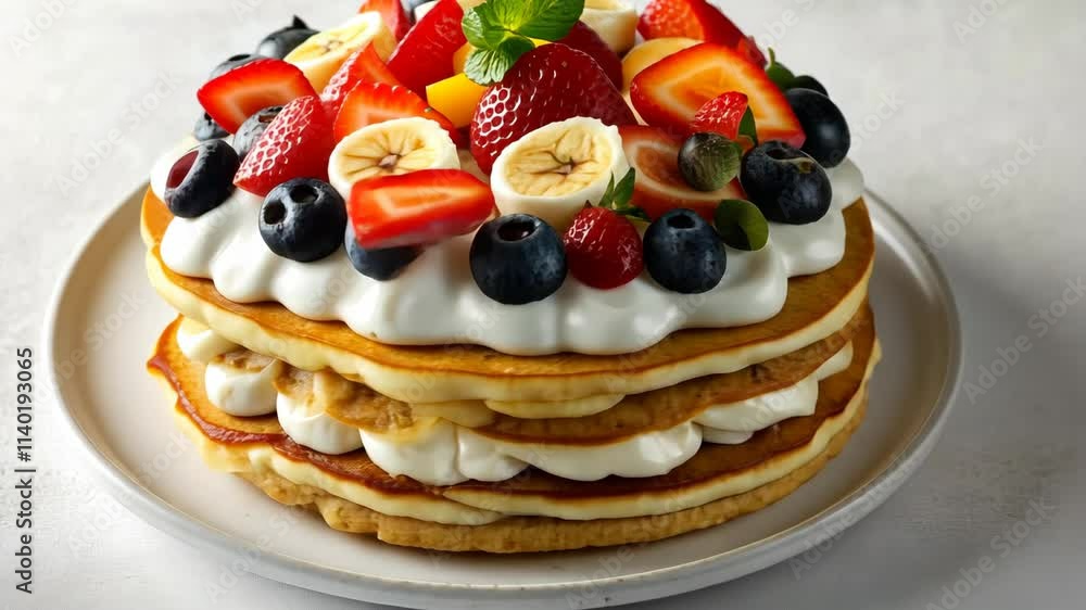 A multi-layered cake with bananas, strawberries, and blueberries on top A multi-layered cake with bananas, strawberries, and blueberries on top