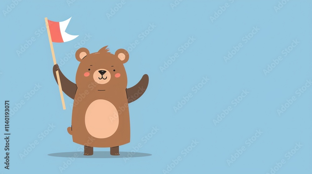 Fototapeta premium A cartoon bear is holding a flag.