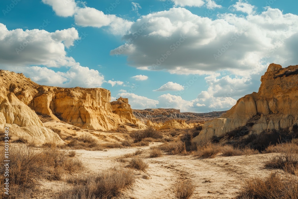 Sunny day in arid landscape with yellow rock formations and dry vegetation. Sunny day in arid landscape with yellow rock formations and dry vegetation.