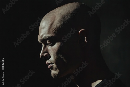 Profile of a man with a shaved head in low light. Generative AI photo