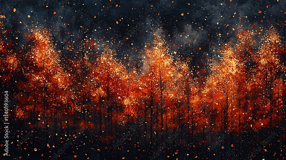 Naklejka premium Vibrant Autumn Forest with Cascading Leaves Symbolizing Seasonal Transformation