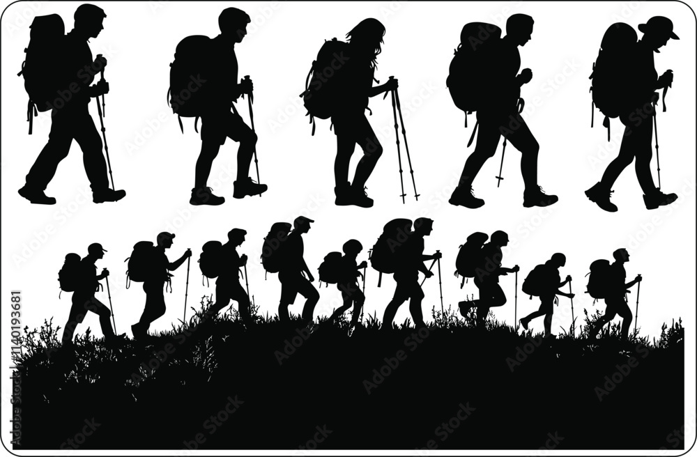 Obraz premium Silhouette of Person Walking with Suitcase in Nature, Traveler’s Silhouette on Mountain Top at Sunrise, Silhouette of Explorer Enjoying Scenic View