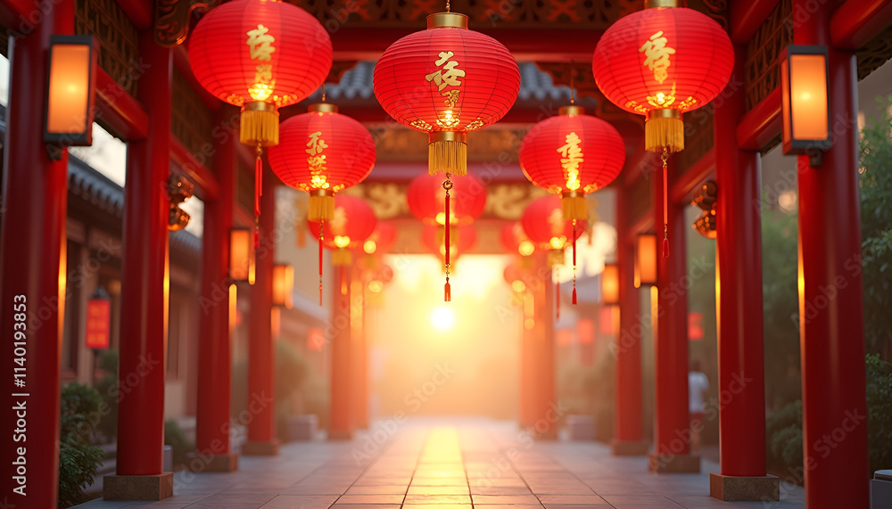 Obraz premium Traditional Chinese lanterns hanging in a beautifully lit corridor at sunset, red and gold lanterns