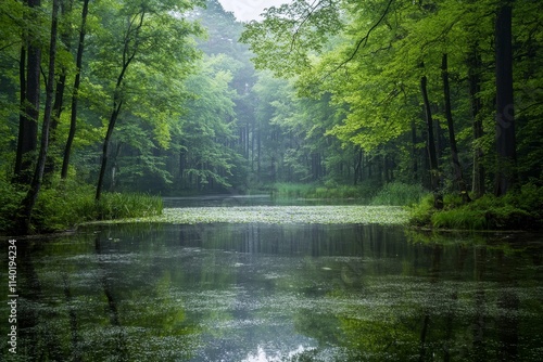 Serene misty forest lake with lush green trees reflecting on calm water.