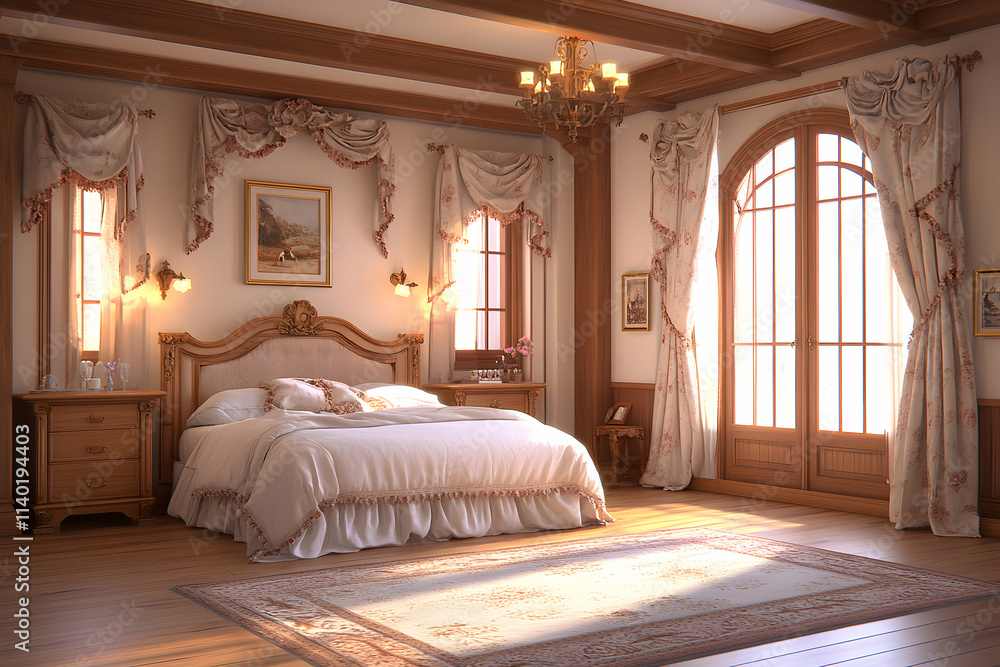 Luxurious master bedroom interior design; sunlight streams through elegant arched windows, illuminating a plush bed and ornate wooden furniture. Luxurious master bedroom interior design; sunlight streams through elegant arched windows, illuminating a plush bed and ornate wooden furniture.