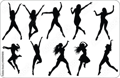 Silhouettes of Women Dancing in Motion, Graceful Dancing Girls Silhouettes on white Background,