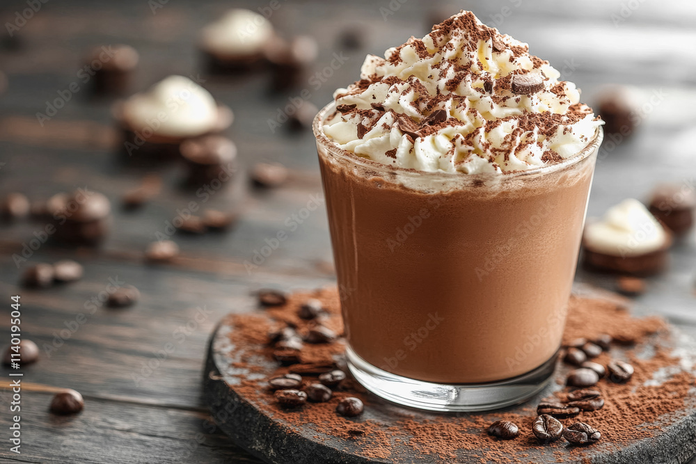 Delicious mocha mousse with whipped cream in a glass surrounded by coffee beans and cocoa powder Delicious mocha mousse with whipped cream in a glass surrounded by coffee beans and cocoa powder
