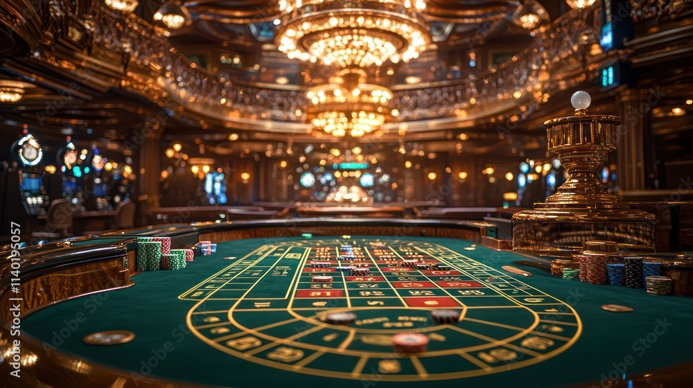 Obraz premium Luxurious casino interior with a roulette table in focus, showcasing opulent decor and a grand ambiance.