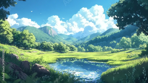 Vibrant Anime-Inspired Countryside Landscape with Serene Scenery.