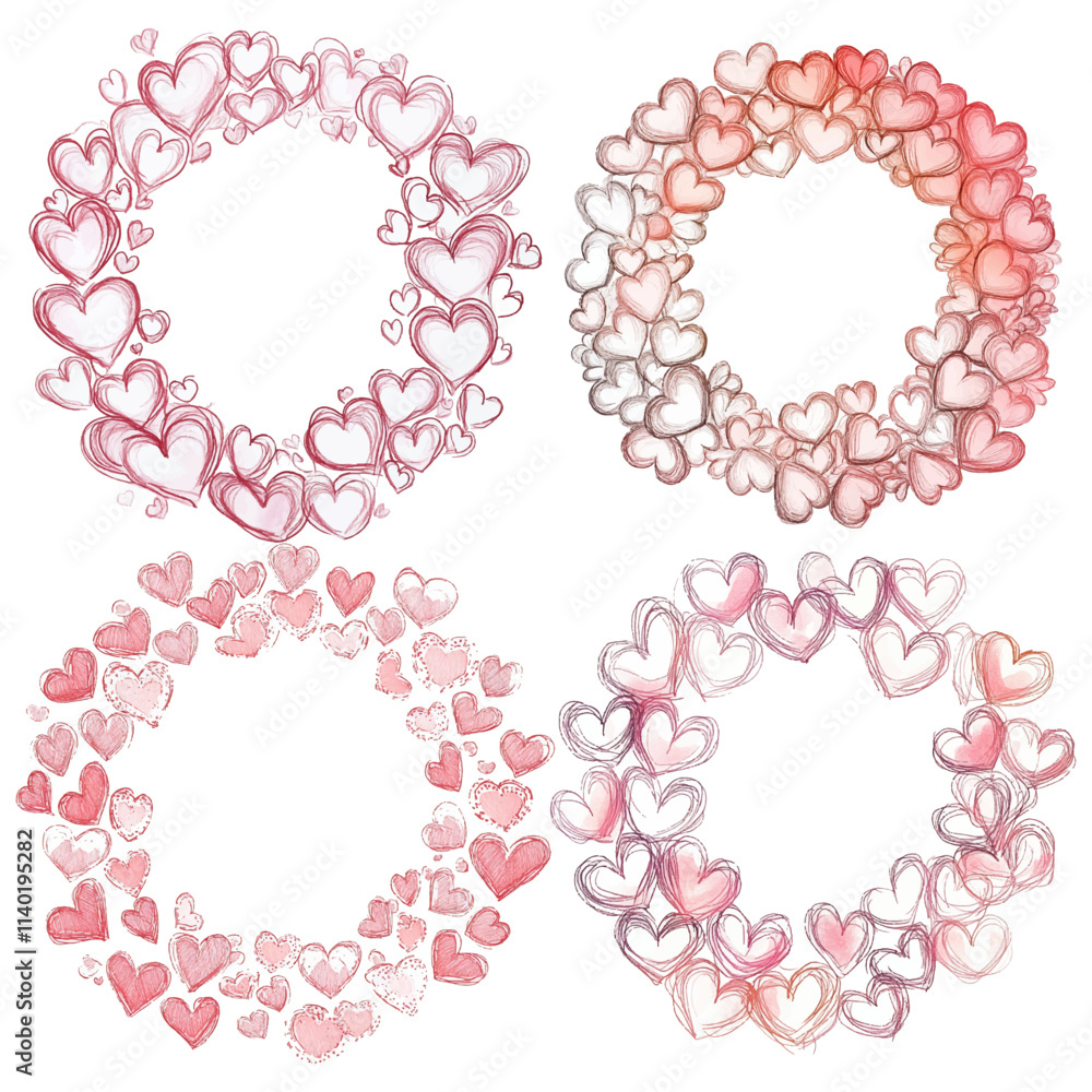 Set hand draw pink heart wreath for Valentine's day element. Set hand draw pink heart wreath for Valentine's day element.