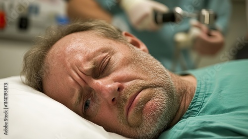A man lies in a hospital bed, his face contorted in pain, as a medical professional tends to him in the background.