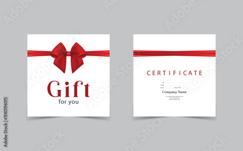 Gift card template with realistic red bow. Certificate, coupon, flyer design. Discount card for shop or boutique. Vector illustration