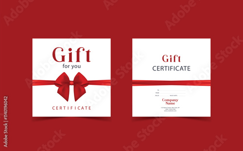 Gift card template with realistic red bow. Certificate, coupon, flyer design. Discount card for shop or boutique. Vector illustration