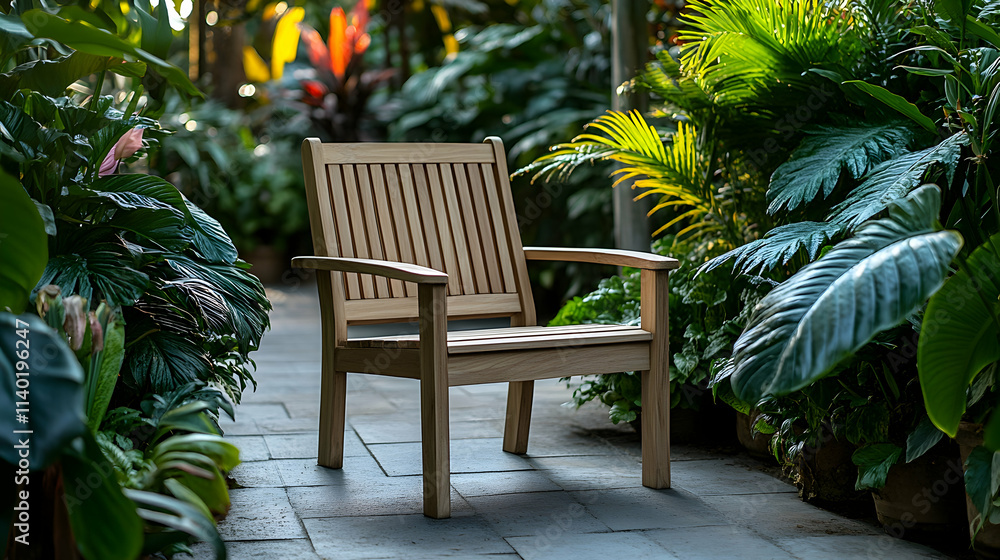 Obraz premium Wooden chair amidst lush green plants.