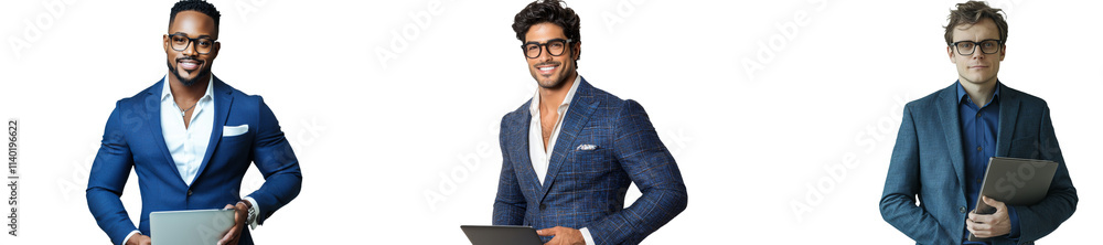 With an open laptop in hand, a young businessman in a blue suit smiles as he surfs the internet and types.