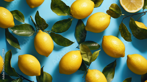 Vibrant Fresh Lemons Decorated Artistically on a Blue Background, Generated with AI Technology.