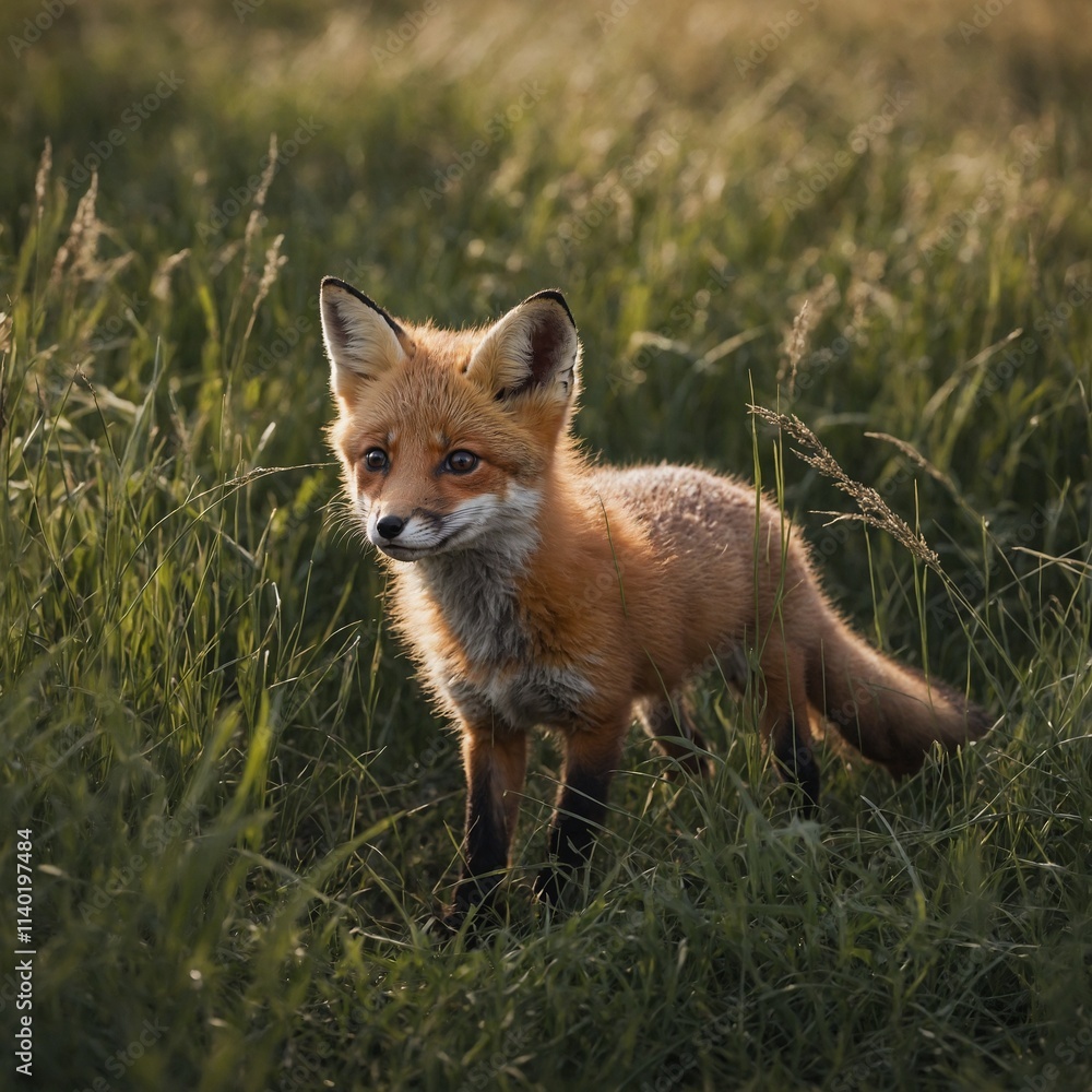 A cute baby fox playing in a field of tall grass.
A cute baby fox playing in a field of tall grass.