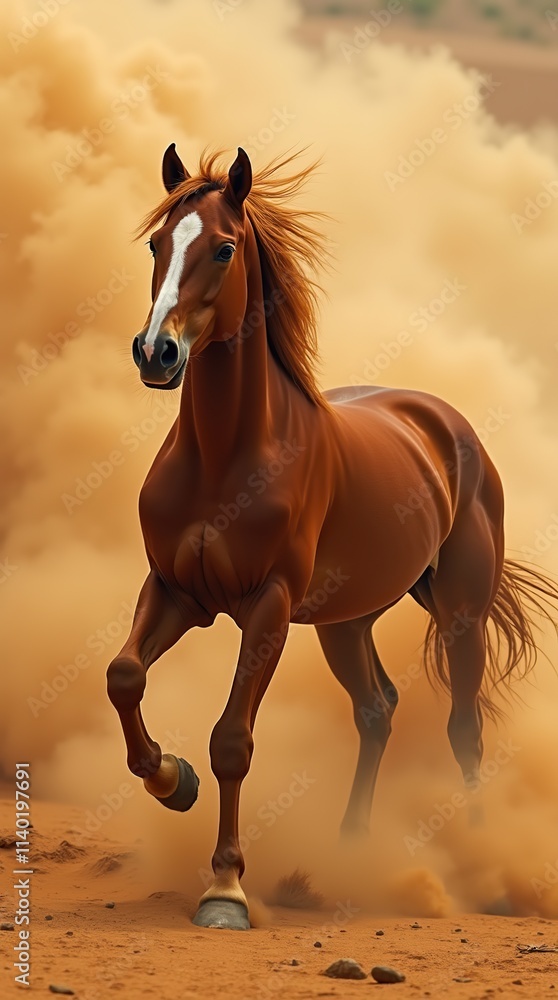 Obraz premium Majestic Chestnut Horse Running in Desert with Dramatic Dusty Background