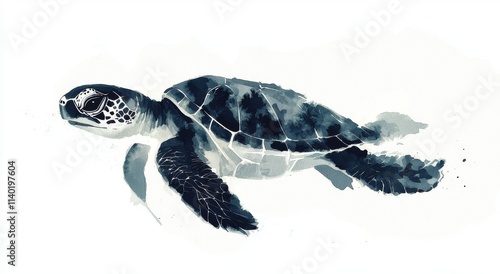 A fresh watercolor artwork of a sweet baby turtle in pastel tones, featuring watercolor splashes and droplets against a white background. photo