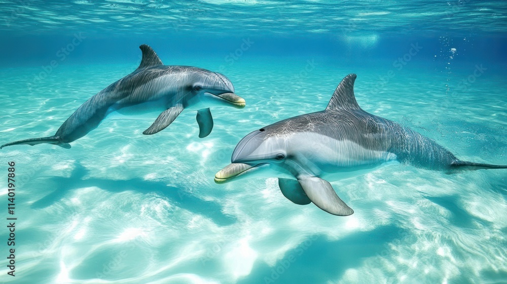 Naklejka premium Two dolphins swimming in clear turquoise ocean water.