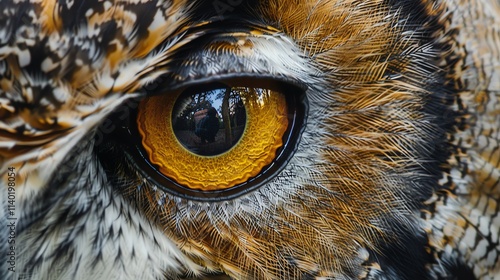 A close-up of an owl's eye, showing the intricate details of the feathers and the sharp focus of the eye. photo