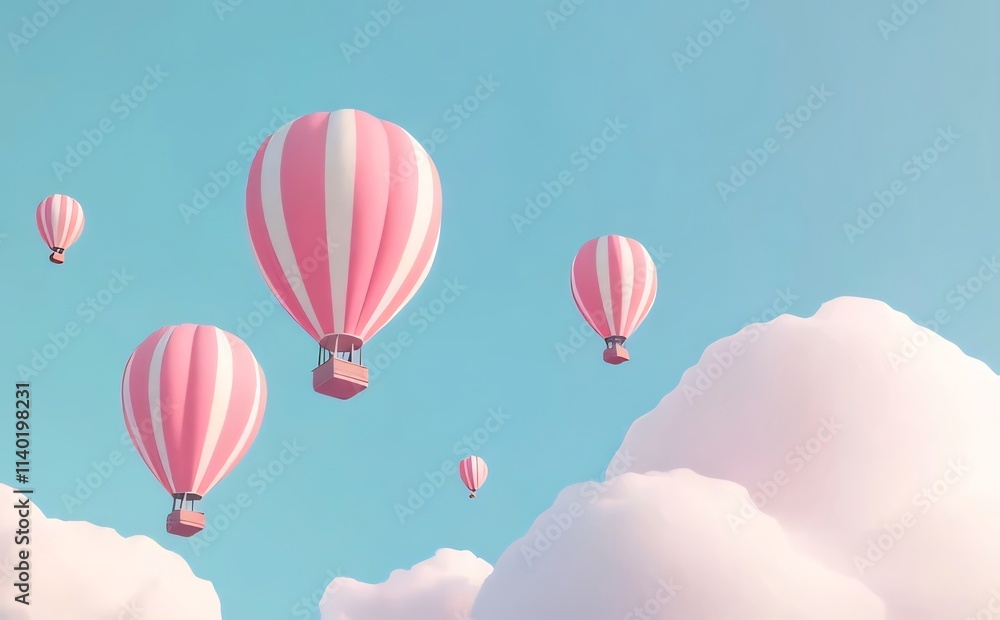 Pink hot air balloons float above fluffy clouds in a pastel blue sky. Pink hot air balloons float above fluffy clouds in a pastel blue sky.