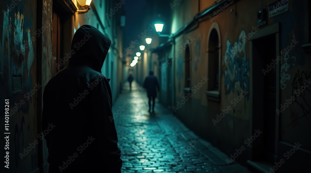 Mysterious Hooded Figure in a Dimly Lit Urban Alleyway at Night Mysterious Hooded Figure in a Dimly Lit Urban Alleyway at Night