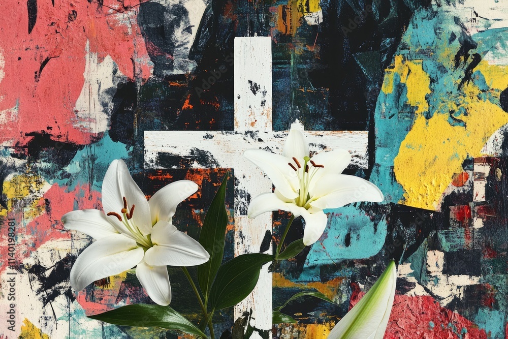 Fototapeta premium A contemporary collage featuring the cross, lilies, and cultural Easter elements