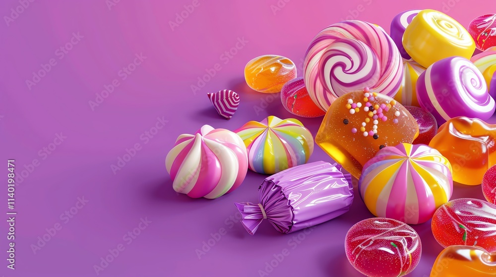 A variety of colorful candies on a purple background. A variety of colorful candies on a purple background.