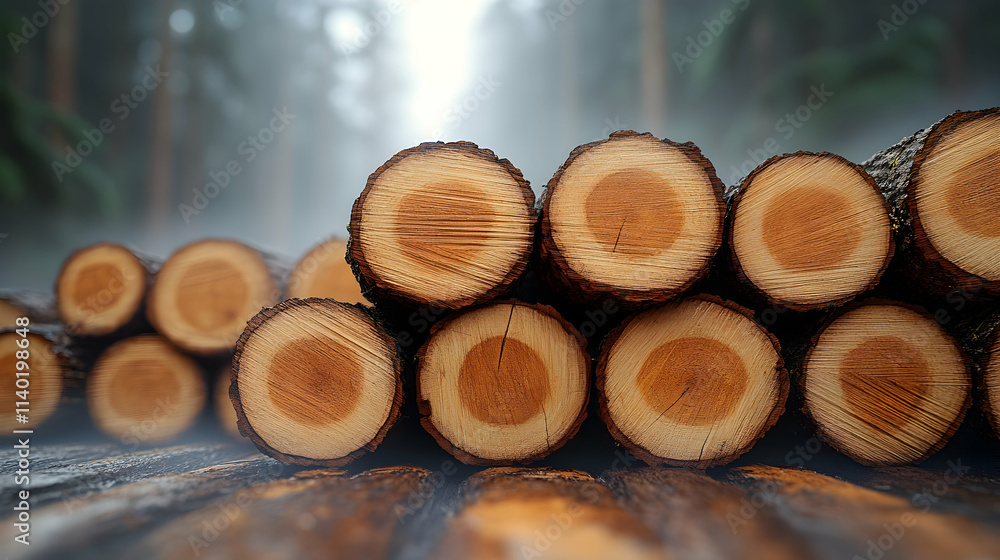 Stacked logs in a misty forest setting. Stacked logs in a misty forest setting.