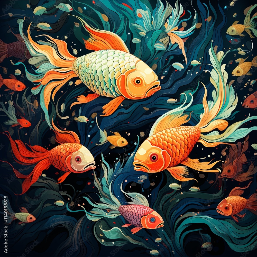 Fototapeta premium This illustration features vibrant colors in a detailed underwater scene. Goldfish swim gracefully, creating a harmonious composition with aquatic plants that enhance depth and visual appeal.