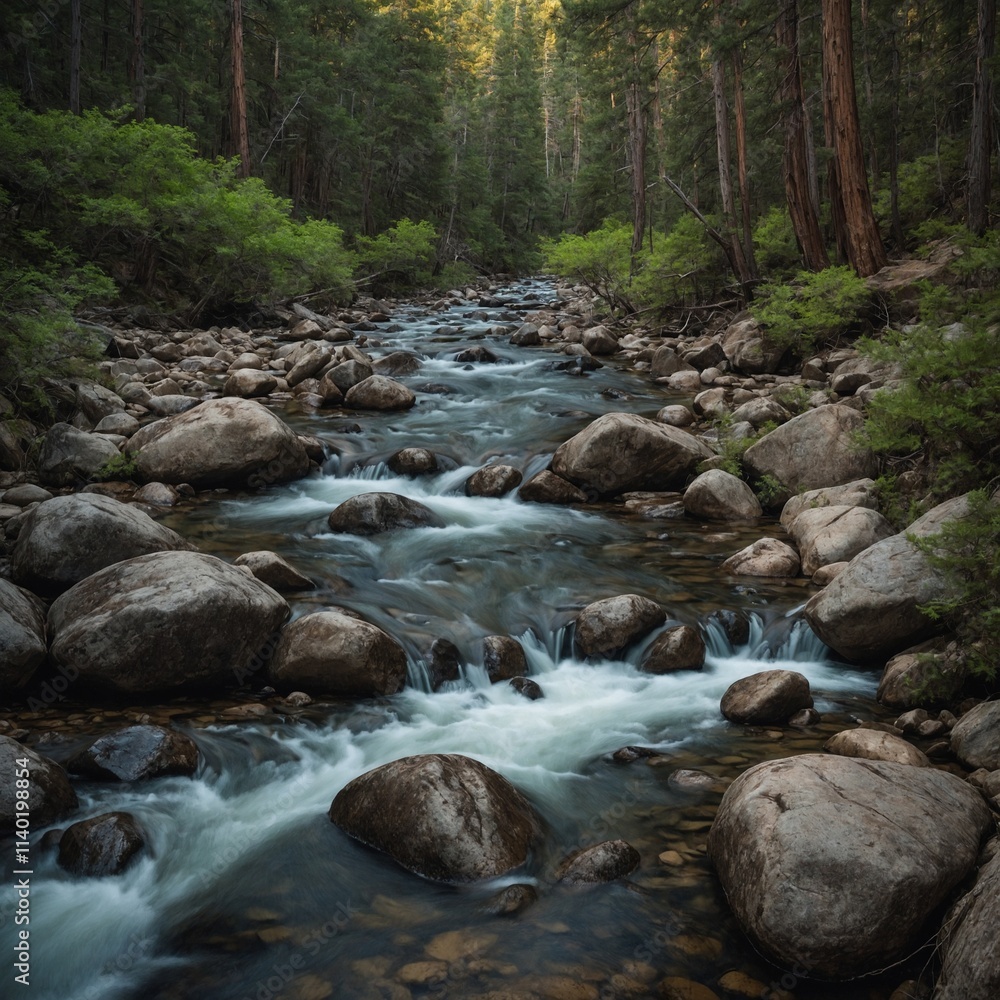 A rocky riverbed running through a temperate forest. A rocky riverbed running through a temperate forest.