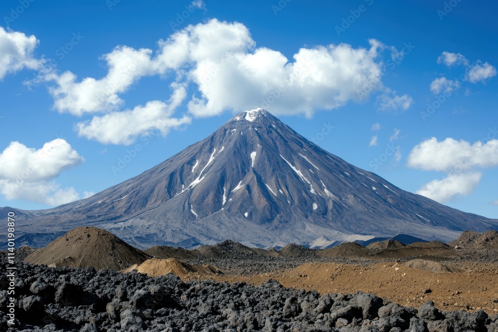 Snow-capped volcano rises majestically under blue skies in New Zealand Snow-capped volcano rises majestically under blue skies in New Zealand