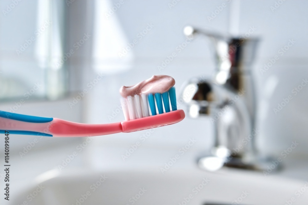 Pink toothpaste on a toothbrush in a modern bathroom Pink toothpaste on a toothbrush in a modern bathroom