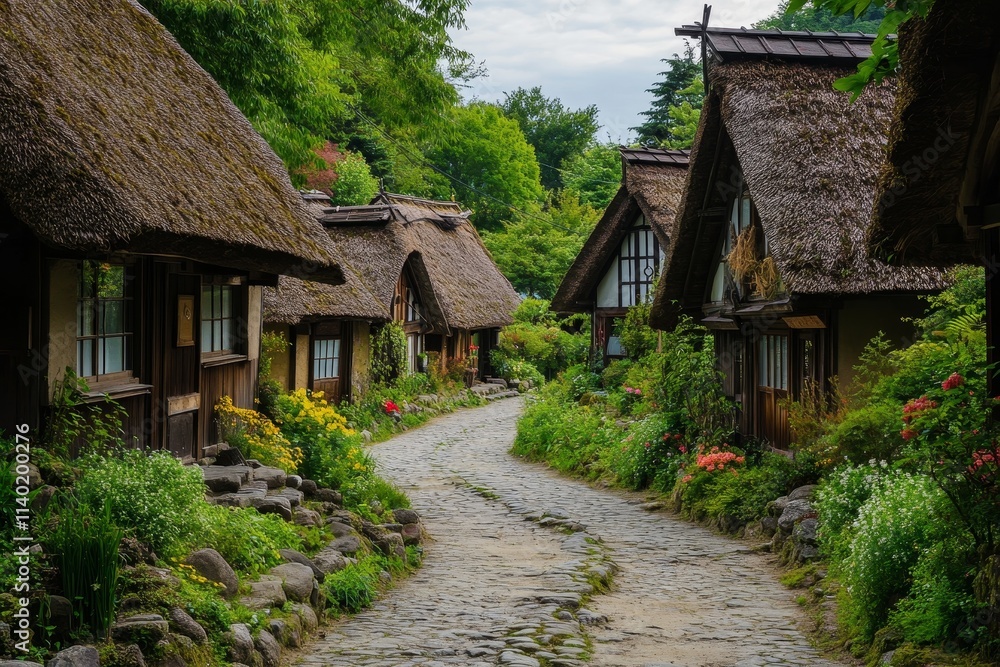 Charming stone path through a quaint village with traditional thatched-roof houses and lush greenery. Charming stone path through a quaint village with traditional thatched-roof houses and lush greenery.