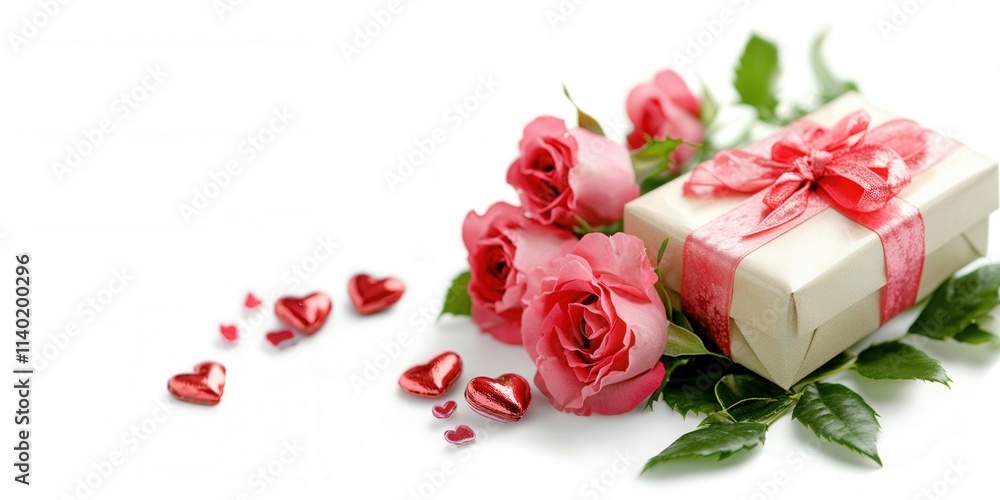 Romance Themed Background, Gift Box and Bouquet Color on White Background, Romantic Valentine's Day Concept Romance Themed Background, Gift Box and Bouquet Color on White Background, Romantic Valentine's Day Concept
