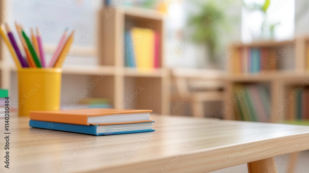 Classroom in slight blur with organized bookshelves, clean layout and vibrant tones, inviting students back to education Classroom in slight blur with organized bookshelves, clean layout and vibrant tones, inviting students back to education