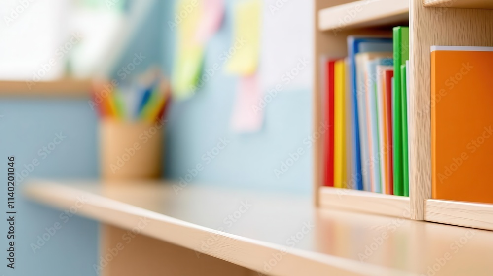 In the corner of the blurry elementary classroom, a neatly arranged bookshelf can be seen. In the corner of the blurry elementary classroom, a neatly arranged bookshelf can be seen.