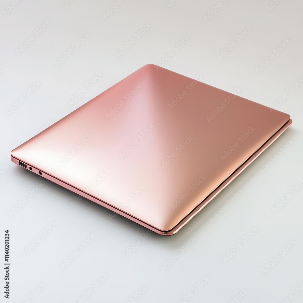 A rose gold laptop with a smooth metallic finish and a closed lid on a white background A rose gold laptop with a smooth metallic finish and a closed lid on a white background