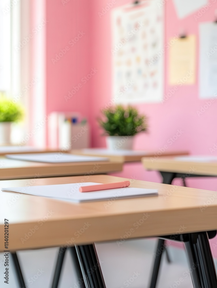 Blurred view of a sunny classroom, pastel walls with inspirational posters, no students, clean desks aligned, welcoming study environment. Blurred view of a sunny classroom, pastel walls with inspirational posters, no students, clean desks aligned, welcoming study environment.