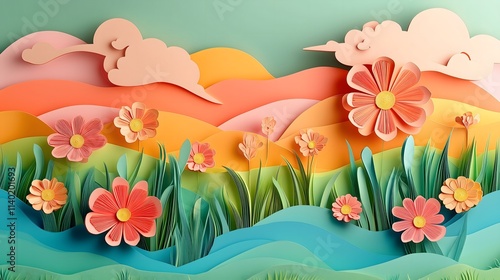 paper cut illustration of colorful paper,flowers,grass photo