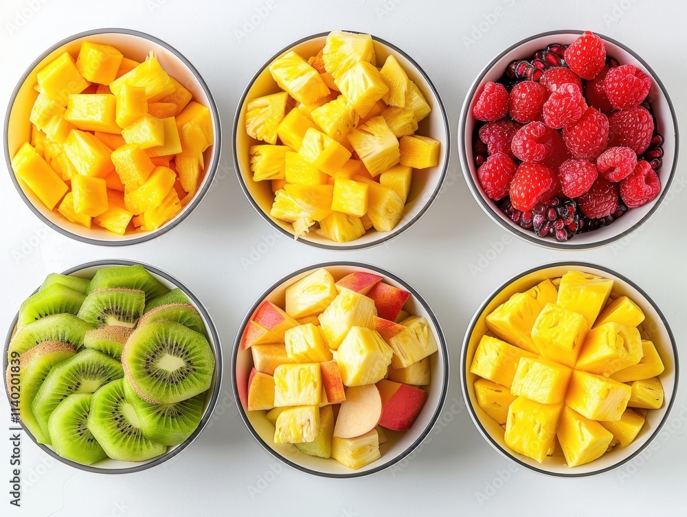 A vibrant assortment of fresh fruits in bowls, ready for enjoyment. A vibrant assortment of fresh fruits in bowls, ready for enjoyment.